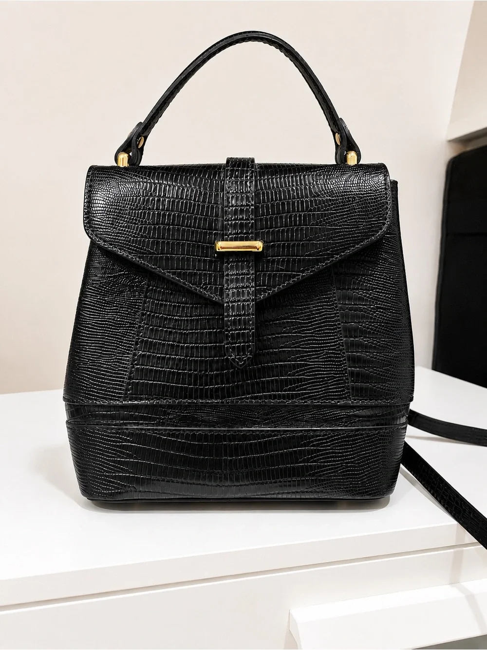 Croc-Embossed Black Top Handle Backpack